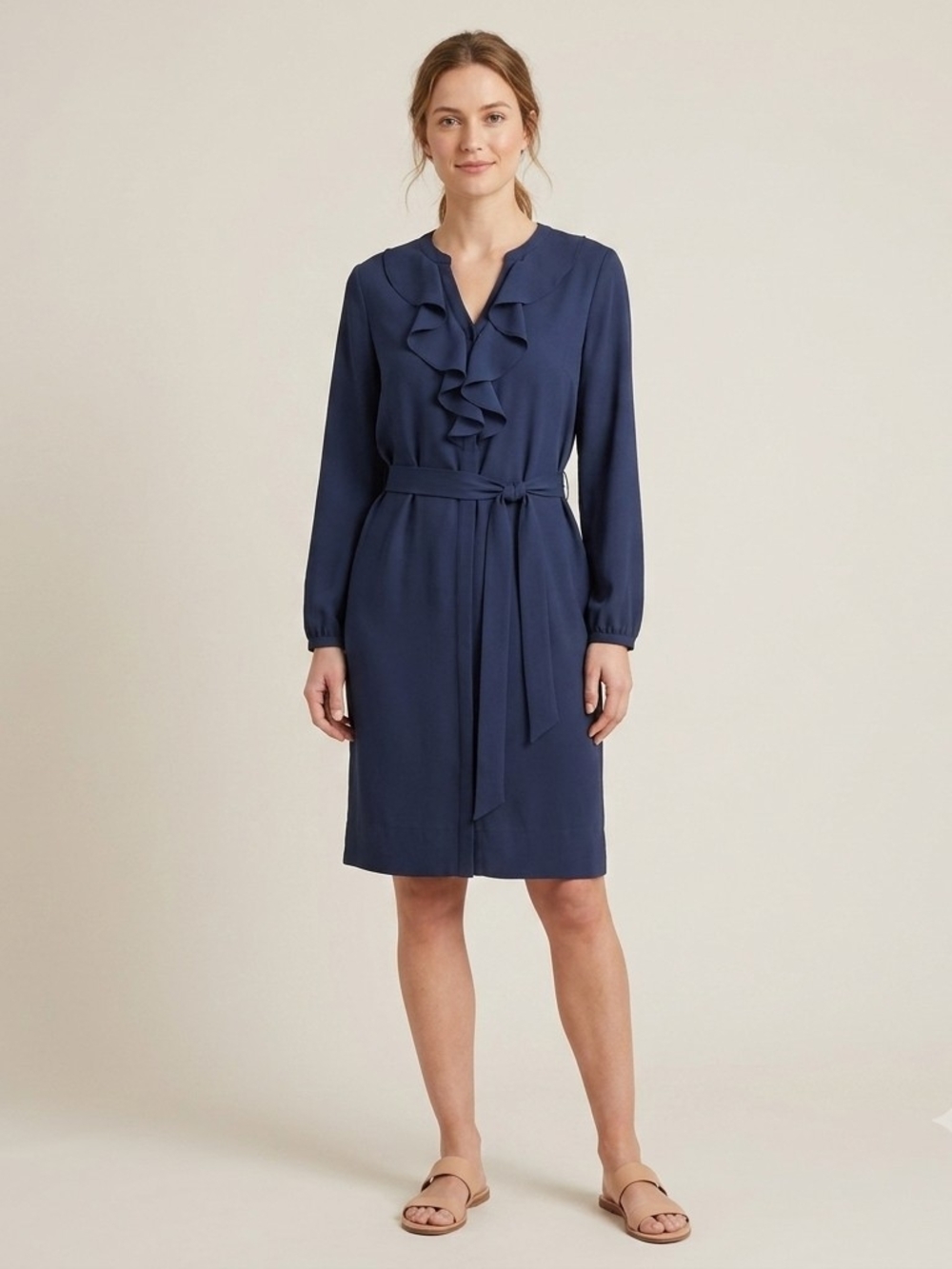 Talbots Navy Ruffle-Front Long Sleeve Dress with Self-Tie Belt Size 12 Petite
